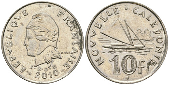 Французская Новая Каледония 10 франков 2010 рыбачья парусная лодка, (IEOM) KM 11a, Schoen 13a, Lec 99k медно-никель 3459-222