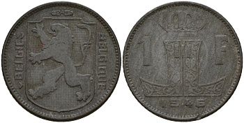 Бельгия 1 франк 1946 Belgie - Belgique, Леопольд III (1934-1947), германская оккупация, Вторая мировая война KM 128 цинк 4161-616