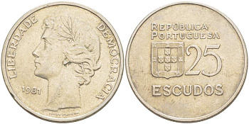 ПОРТУГАЛИЯ 25 ЭСКУДО 1981 KM 607а медно-никель 4521-1232