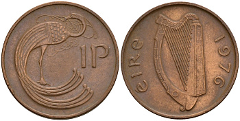 Ирландия 1 пенни 1976 мифологическая птица лира KM 20 бронза 4141-231