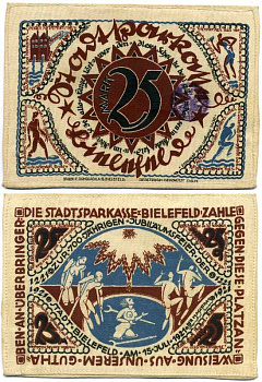 БИЛЕФЕЛЬД, ГЕРМАНИЯ 25 МАРОК 1921 НОТГЕЛЬД, ЗЕМЛЯ СЕВЕРНЫЙ РЕЙН-ВЕСТФАЛИЯ, 15 ИЮЛЯ 1921 ARNOLD KELLER 103.7 шёлк UNC (ПРЕСС) 8518-46-3-1