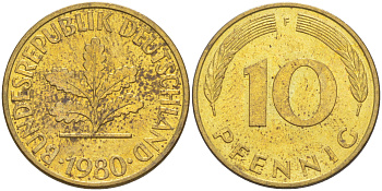 ФРГ 10 пфеннигов 1980 F KM 108, J. 383 сталь плакированная латунью 62-651
