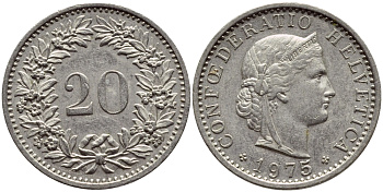 Швейцария 20 раппенов 1975 KM 29а медно-никель 4398-641
