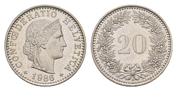 Швейцария 20 раппенов 1986 B KM 29a медно-никель 4623-267