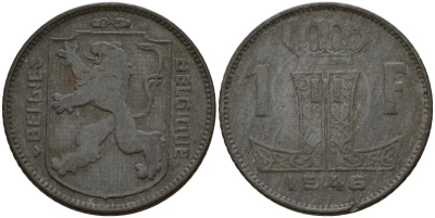 Бельгия 1 франк 1946 Belgie - Belgique, Леопольд III (1934-1947), германская оккупация, Вторая мировая война KM 128 цинк 4161-616