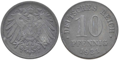 ГЕРМАНИЯ 10 ПФЕННИГОВ 1921 (1917-1922) KM 26, J. 299, Weege 8 цинк 210-241