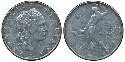 Италия 50 лир 1978 R, бог огня Вулкан у наковальни KM 95.1 нержавеющая сталь 4681-941