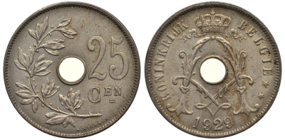 БЕЛЬГИЯ 25 САНТИМОВ 1929 BELGIE, АЛЬБЕРТ I (1909-1934) KM 69 медно-никель 27-935