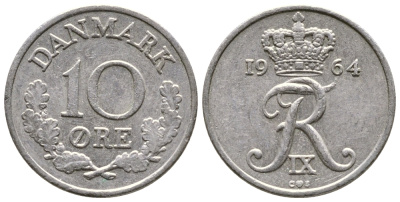 Дания 10 эре 1964 C; S, Фредерик IX (1947-1972) KM 849.1 медно-никель 26-917