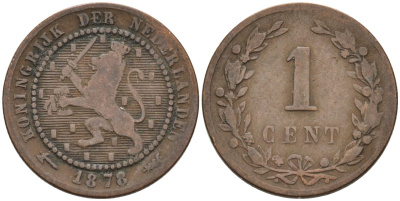 Нидерланды 1 цент 1878 Виллем III (1849-1890) KM 107 бронза 4576-525