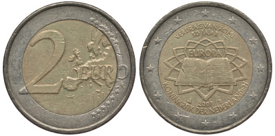 НИДЕРЛАНДЫ 2 ЕВРО 2007 50 ЛЕТ РИМСКОМУ ДОГОВОРУ KM 273 биметалл 4384-654