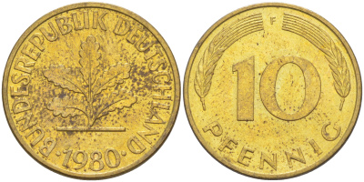 ФРГ 10 пфеннигов 1980 F KM 108, J. 383 сталь плакированная латунью 62-651