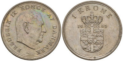 Дания 1 крона 1965 C;S, Фредерик IX (1947-1972) KM 851 медно-никель 4601-825