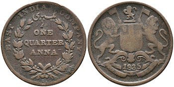 Британская Индия 1/4 анна 1835 Британская Ост-Индская компания, диаметр 26.2 мм., мондвор Калькутта KM 446.2 медь 28-951