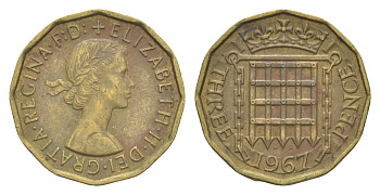 Великобритания 3 пенса 1967 Елизавета II (1952-2022) KM 900, Spink 4153 никель латунь 4643-466