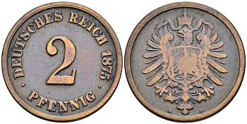ГЕРМАНИЯ 2 ПФЕННИГА 1875 А, СТАРОГЕРБОВКА KM 2, Jager 2, Weege 3 медь 4546-542
