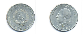 ГДР 20 марок 1971 A, 85 лет со дня рождения Эрнста Тельмана KM 34, J. 1535 медно-никель 3333-545