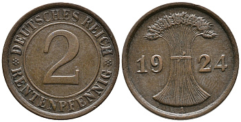 ГЕРМАНИЯ 2 РЕНТЕНПФЕННИГА 1924 A KM 31, J. 307 бронза 24-453
