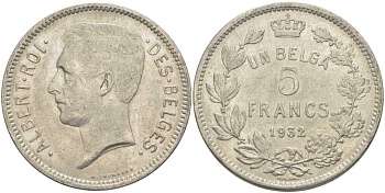 БЕЛЬГИЯ 5 ФРАНКОВ 1932 АЛЬБЕРТ I, DES BELGES KM 97.1 никель 3851-232