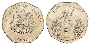 Либерия 5 долларов 1982 KM 44 медно-никель 1531-145