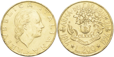 Италия 200 лир 1994 R, 180 лет карабинерам KM 164 алюминиевая бронза 4551-1123