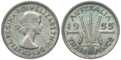 Австралия 3 пенса 1955 m, Елизавета II (1952-2022) KM 57 серебро 71-438