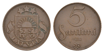 Латвия 5 сантимов 1922 KM 3 бронза 4658-1156