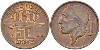 БЕЛЬГИЯ 50 САНТИМОВ 1969 BELGIQUE KM 148.1 бронза 96-1267