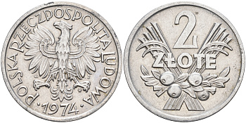 Польша 2 злотых 1974 MW KM 46 алюминий    4140-1143