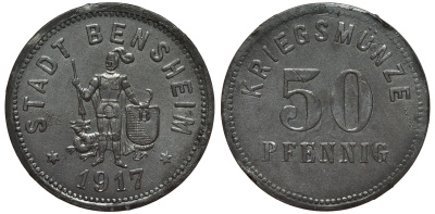 Гессен, Бенсхайм 50 пфеннигов 1917 Funck 34.4 цинк 75-1916