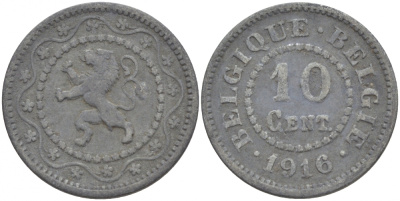 БЕЛЬГИЯ 10 САНТИМОВ 1916 НЕМЕЦКАЯ ОККУПАЦИЯ KM 81 цинк 4529-137