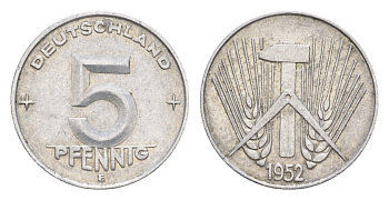 ГДР 5 пфеннигов 1952 E KM 6 алюминий 4647-939