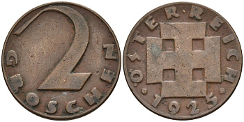 Австрия 2 гроша 1925 KM 2837 бронза 4596-526