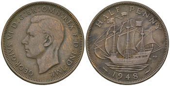 Великобритания 1/2 пенни 1948 Георг VI (1936-1952) KM 844, Spink 4115 бронза 4163-1136