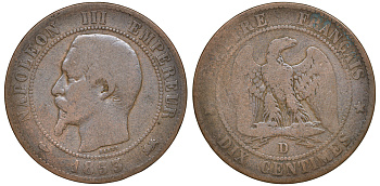 Франция 10 сантимов 1853 D, Наполеон III (1852-1870) KM 771.4, Le Franc 133 бронза 4168-115