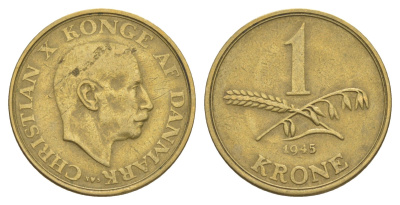 Дания 1 крона 1945 N; S, Кристиан X (1912-1947) KM 835 алюминиевая бронза 4637-223