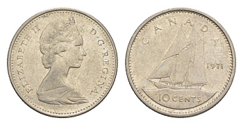 Канада 10 центов 1971 Елизавета II (1952-2022), парусник KM 77 никель 4639-624