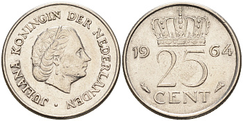 Нидерланды 25 центов 1964 Юлиана (1949-1980) KM 183 никель    4174-651