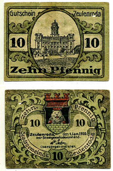 Цойленрода 10 пфеннигов 1920 1 января 1920, нотгельд, земля Тюрингия Grabowski Z8.8c бумага 2195-44-3-2