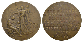 Бельгия медаль в честь 100-летия страховой компании, занимающаяся страхованием жизни 1924 диаметр 74,5 мм, вес 121 гр бронза 3-5-3-24