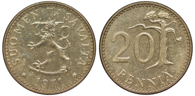 Финляндия 20 пенни 1971 S KM 47 алюминиевая бронза 259-531
