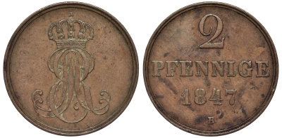 Ганновер 2 пфеннига 1847 B, Эрнст Август (1837-1851) KM 202.1, AKS 124, J. 75 медь 75-1847