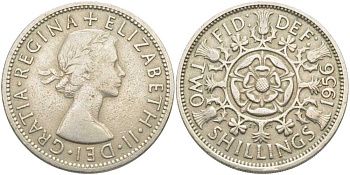 Великобритания 2 шиллинга (флорин) 1956 Елизавета II (1952-2022) KM 906, Spink 4146 медно-никель 109-1214