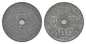 Бельгия 10 сантимов 1943 Belgique - Belgie, Леопольд III (1934-1947), германская оккупация, Вторая мировая война KM 125 цинк 4639-246