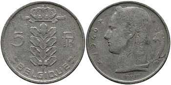 БЕЛЬГИЯ 5 ФРАНКОВ 1948 BELGIQUE KM 134.1 медно-никель 98-623