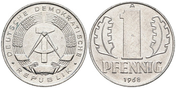 ГДР 1 пфенниг 1968 А KM 8.1 алюминий aUNC 4564-1018