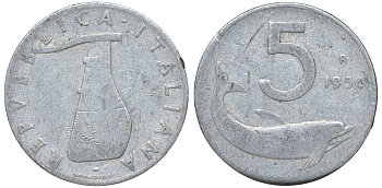 Италия 5 лир 1954 R, плуг, дельфин KM 92 алюминий 4596-422
