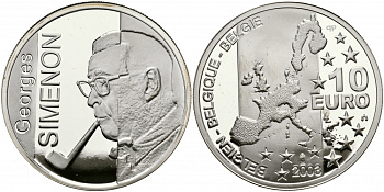 Бельгия 10 евро 2003 100 лет со дня рождения Жоржа Сименона KM 235 серебро PROOF 1087-1-52