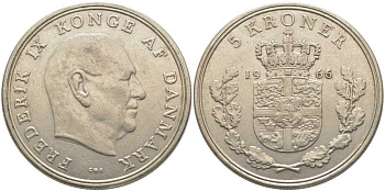 ДАНИЯ 5 КРОН 1966 C; S, ФРЕДЕРИК IX (1947-1972) KM 853.1 медно-никель 107-413