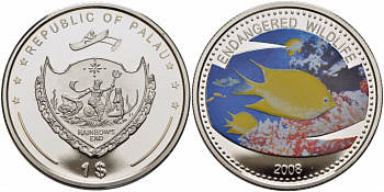 Палау 1 доллар 2008 серия вымирающие виды, амблиглифидодон лимонный (Amblyglyphidodon aureus), цветная эмаль KM 210 медно-никель PROOF 1091-3-54